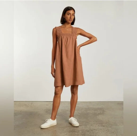 Everlane The Smocked Linen Dress Size XS Light Brown - Picture 2 of 14